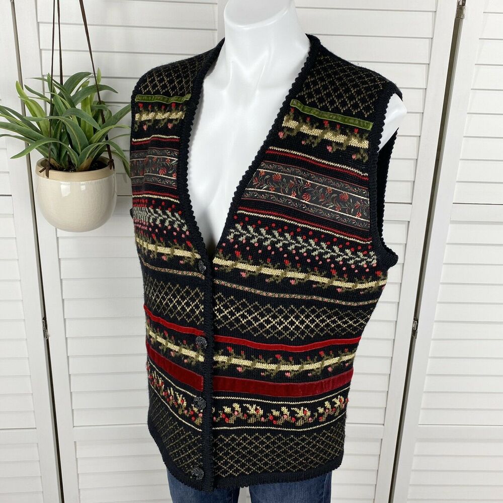 Vintage Susan Bristol Wool Blend Sweater Vest Embroidered Cottagecore Size L